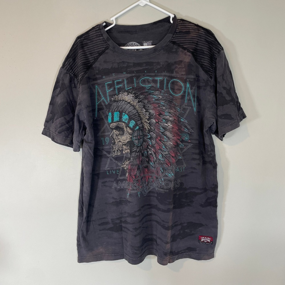 Affliction American Customs Skull Headdress Camo Graphic T-Shirt Mens 2XL Gray